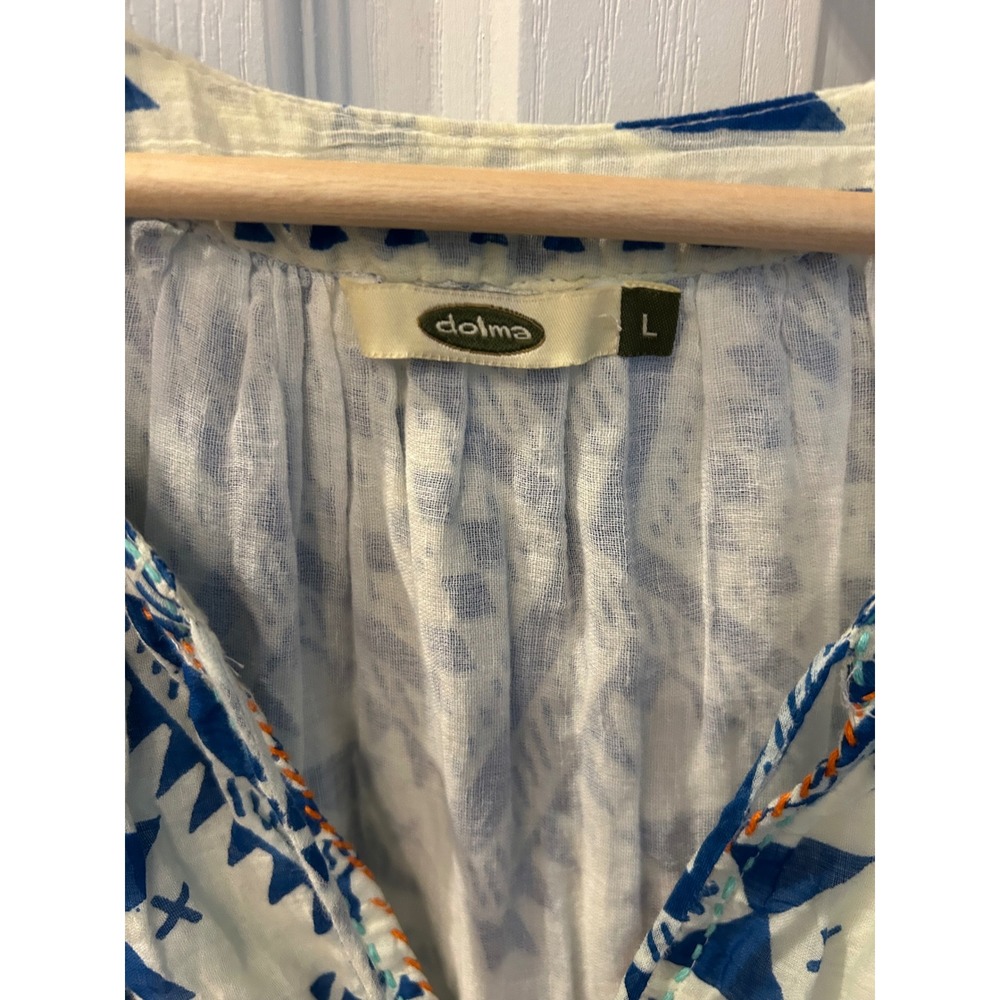 Dolma Womens Blue White Geometric Tribal Print Tassel Tie Boho Tunic Dress Large - Picture 5 of 7